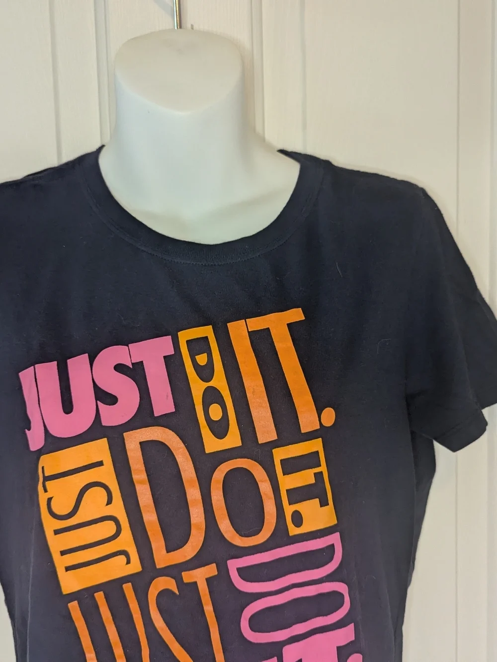 Nike Just Do It T Shirt Womens Large Navy Blue Graphic Slim Fit Tee Cotton